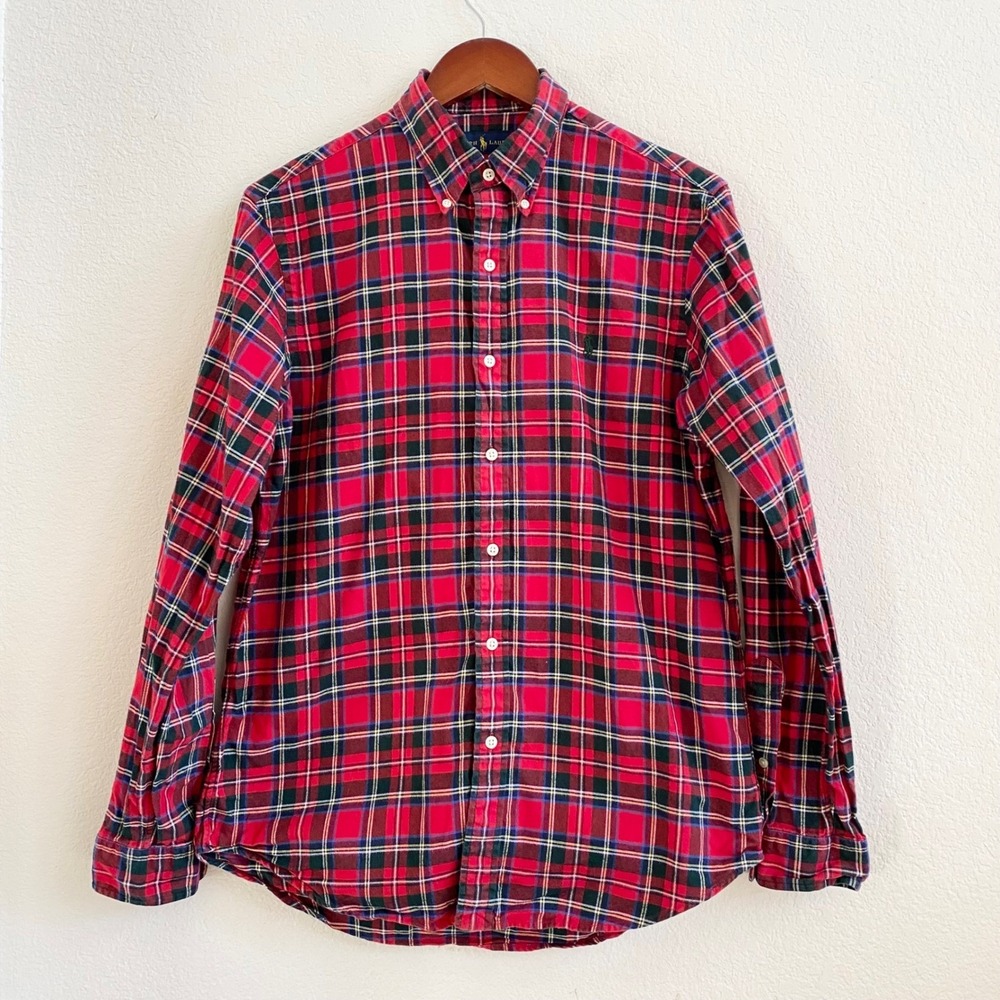 Ralph Lauren Mens Plaid Button Down Shirt Red Green Blue Long Sleeve Cotton M